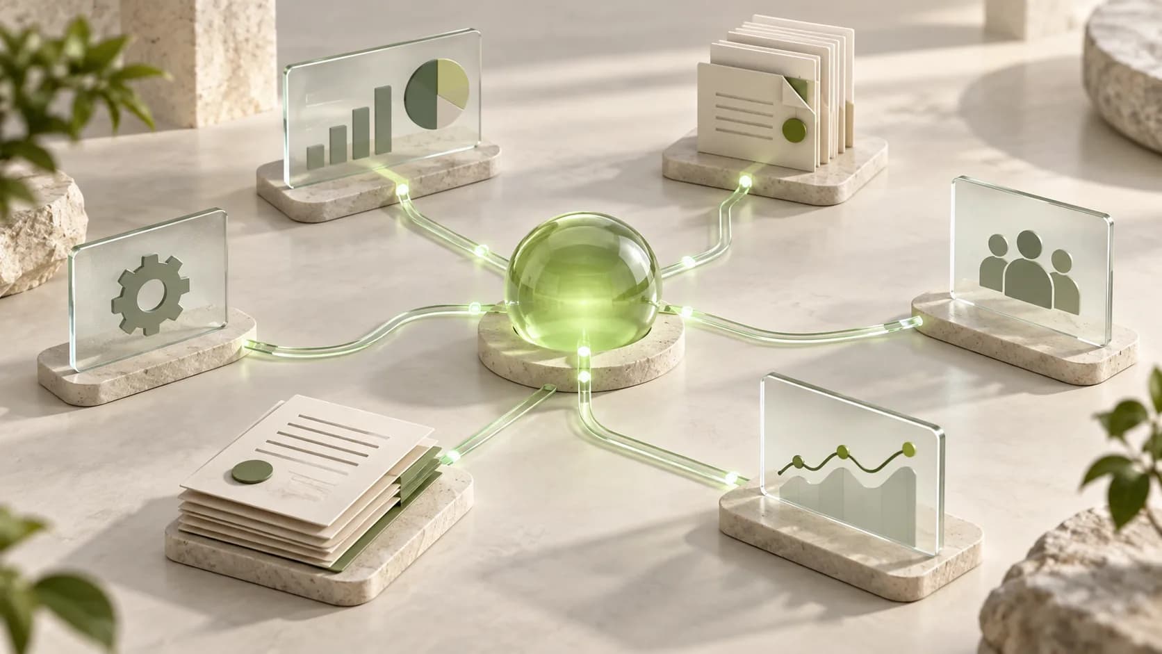 Painéis de dados e documentos conectados a um núcleo central verde