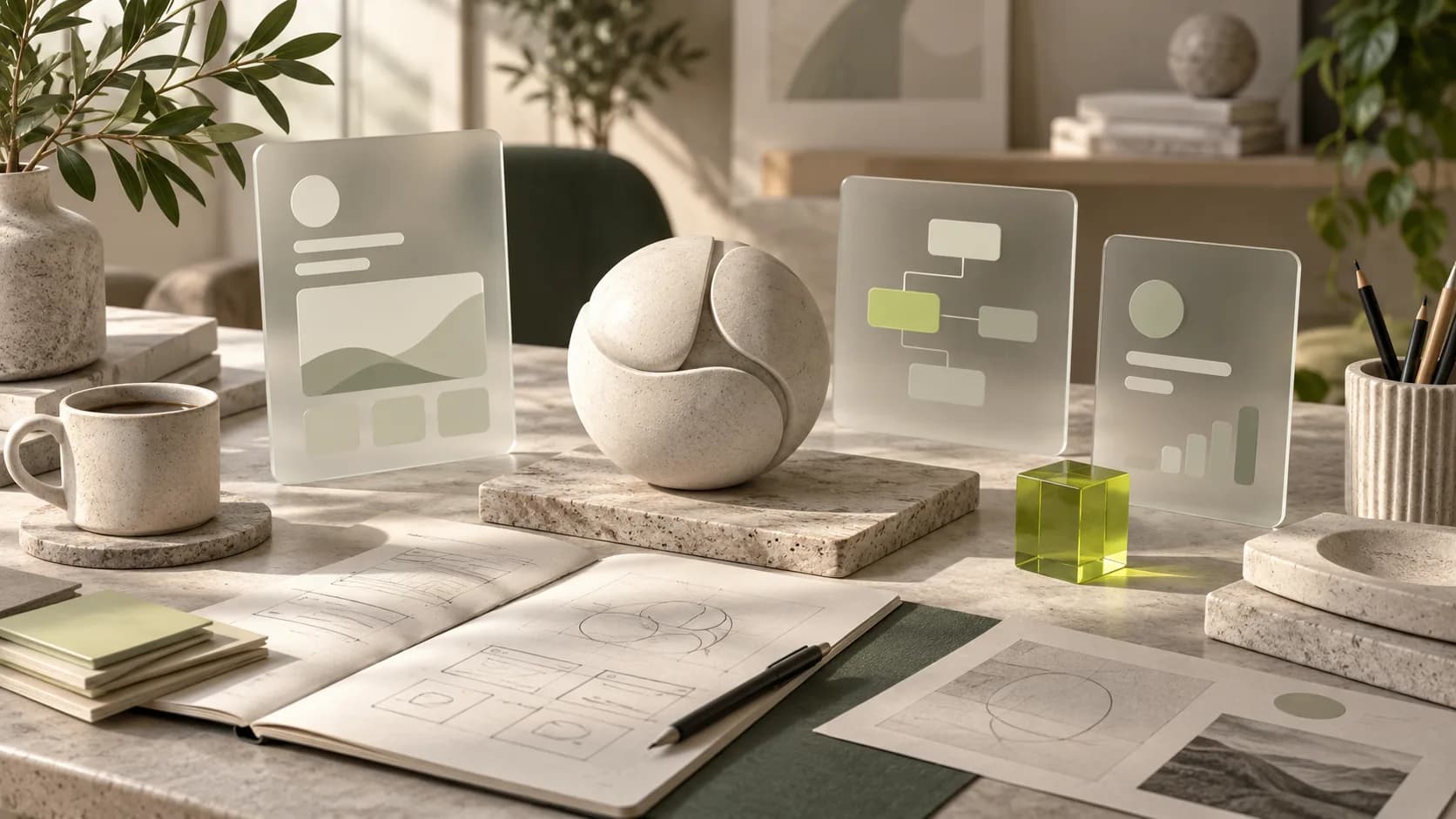 Mesa de criação com cartões de interface em vidro e esboços de projeto