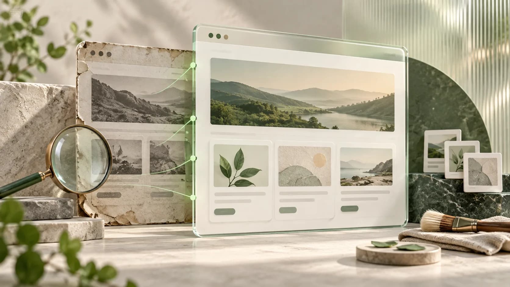 Painel de site renovado sobre uma versão antiga, com lupa e ligações verdes entre páginas