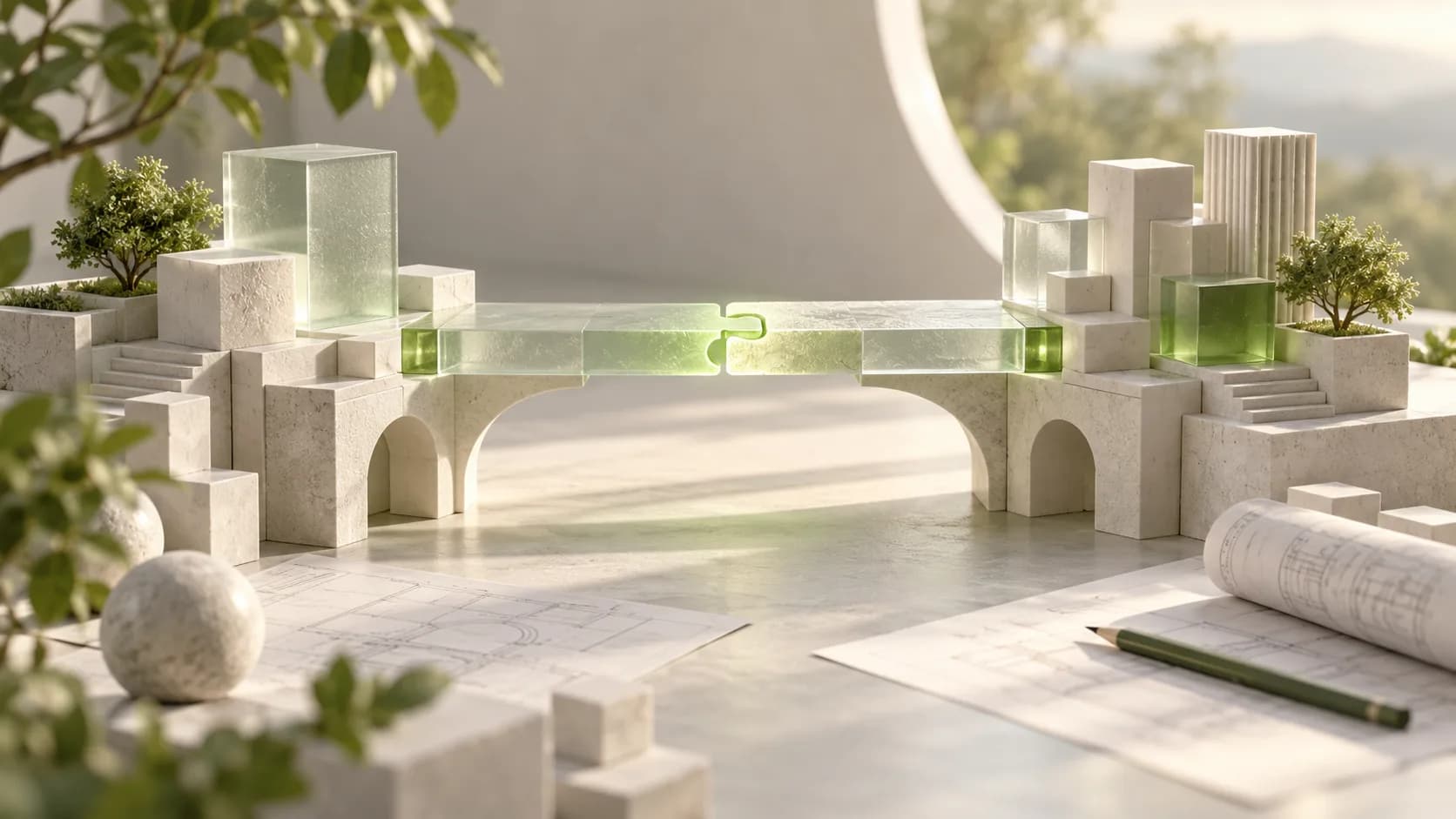 Duas estruturas de trabalho conectadas por uma ponte de vidro verde