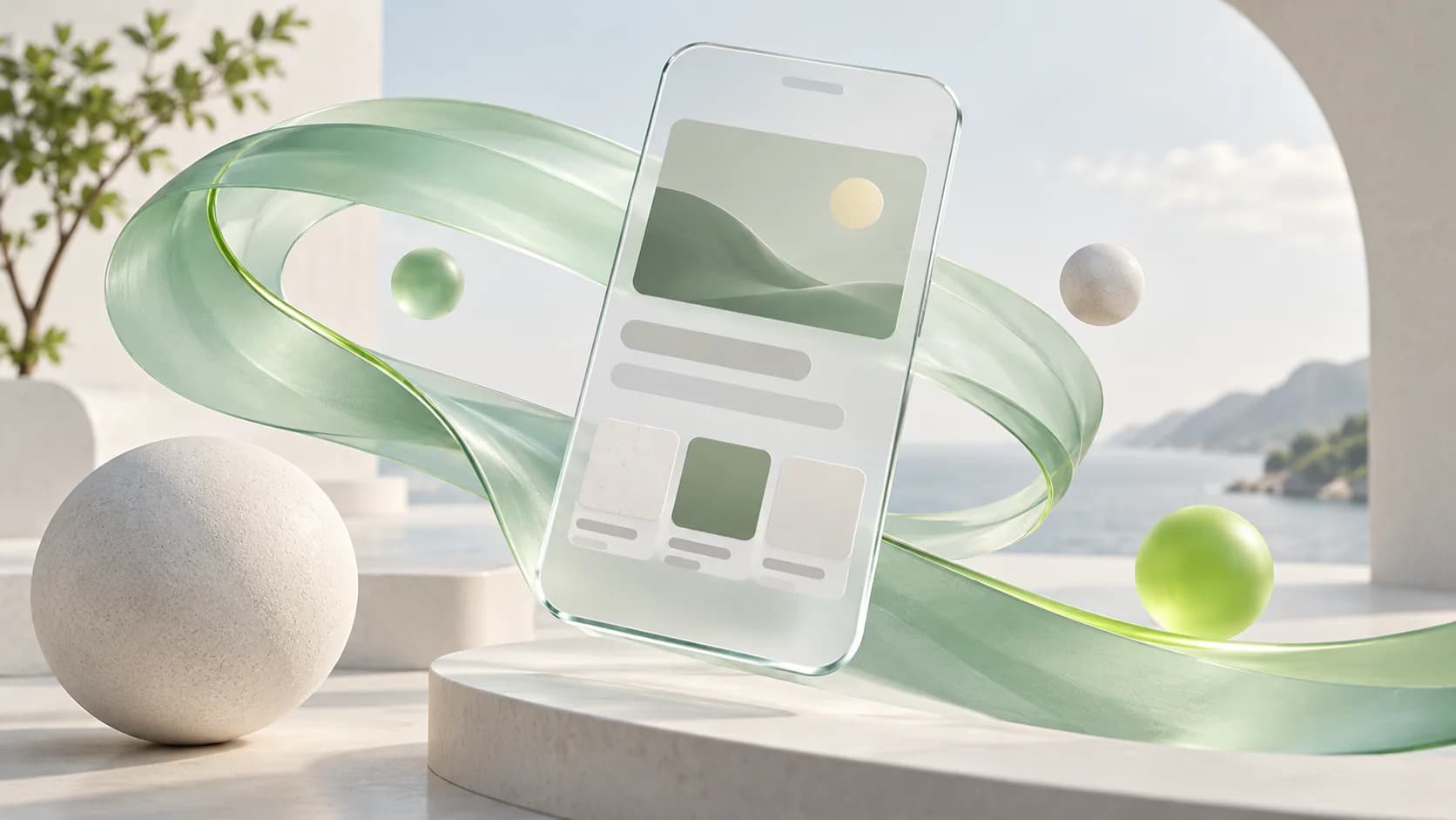 Página digital em formato de celular cercada por curvas verdes que sugerem movimento fluido