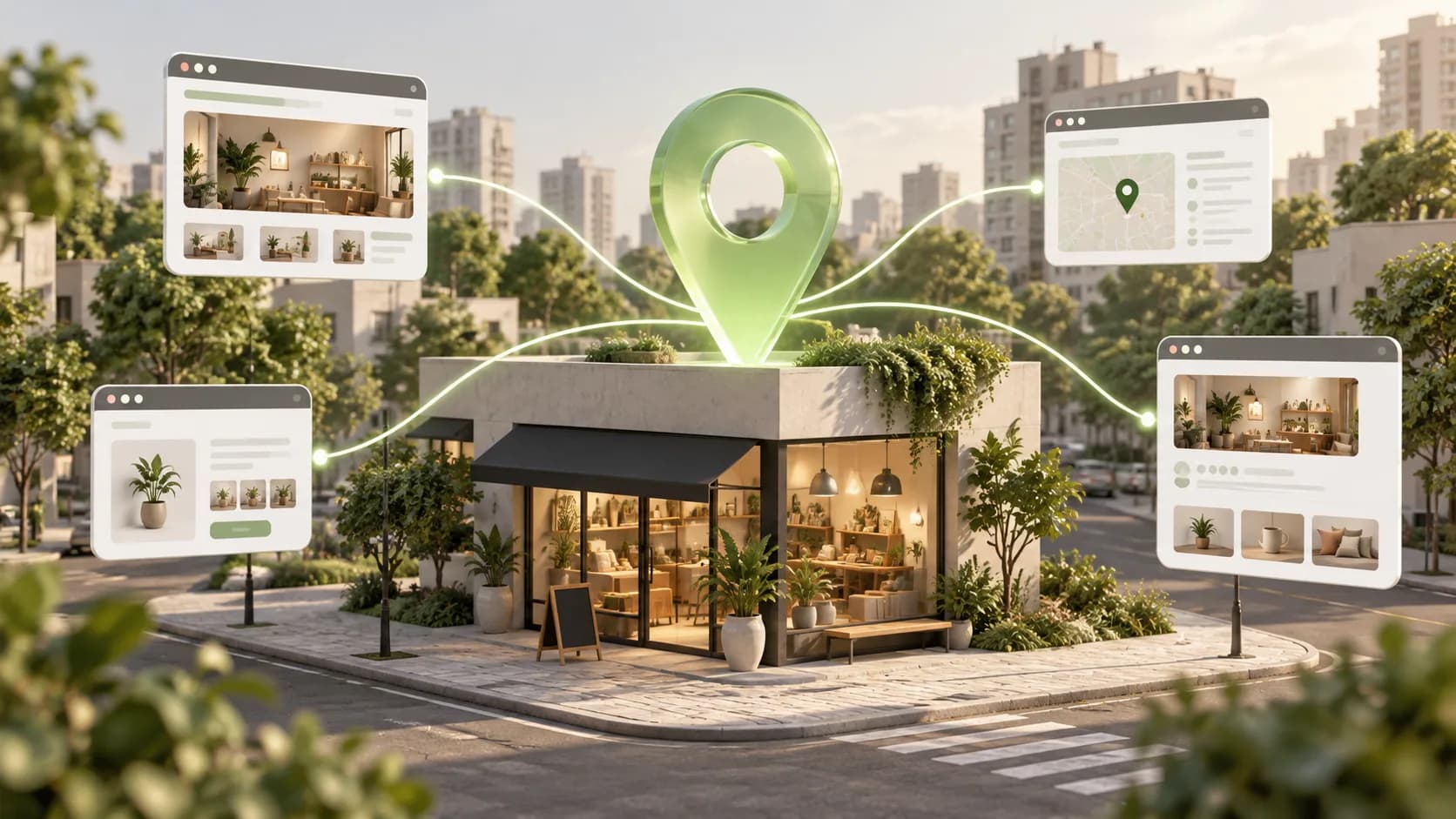 Loja de bairro com marcador de localização ligado a páginas de serviços digitais