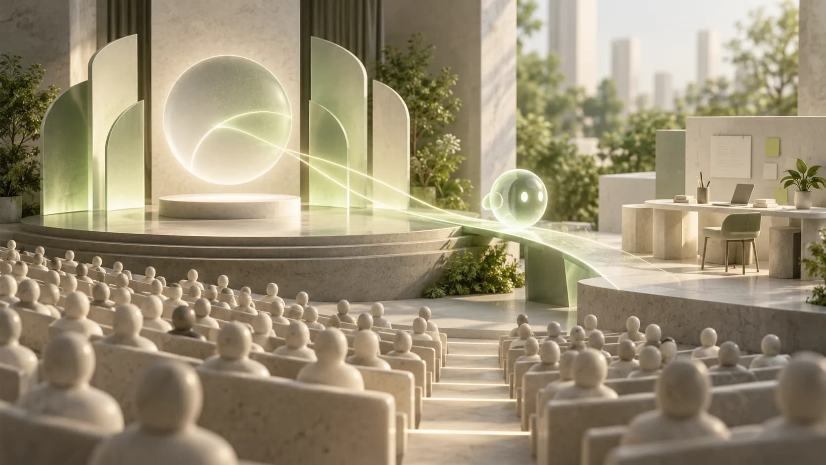 Ilustração de auditório com esfera luminosa ligada a uma mesa de trabalho