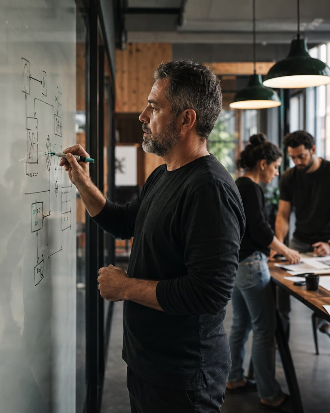 A Tensoor team member at a whiteboard sketching out a system's flow