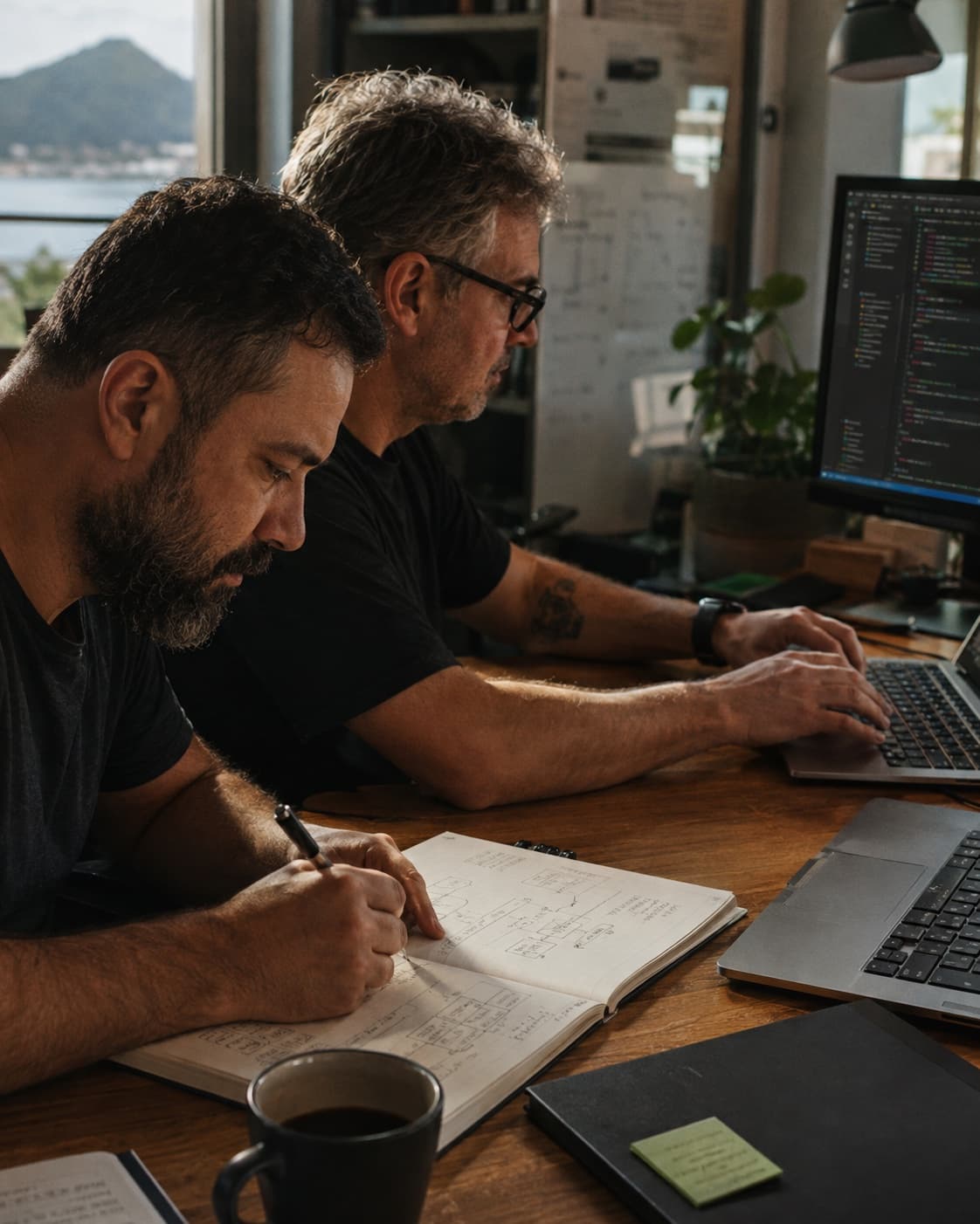 A Tensoor engineer writing code, with a colleague following along