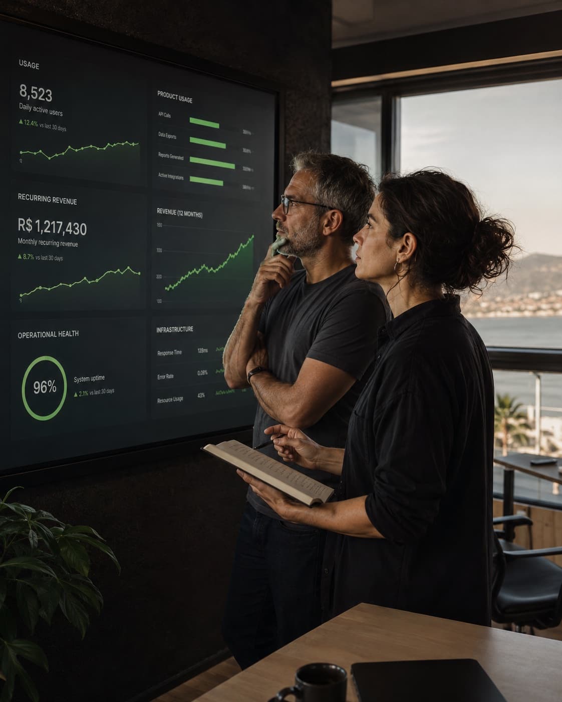 A Tensoor team member analyzing a metrics dashboard on a large screen